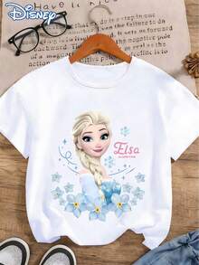 Disney! Frozen Princess Elsa Floral Print Women's T-Shirt, Casual Fashion Round Neck Short Sleeve Summer Top, Sweet And Cool Versatile Sweatshirt, Outdoor Daily Casual Wear - White - View 3
