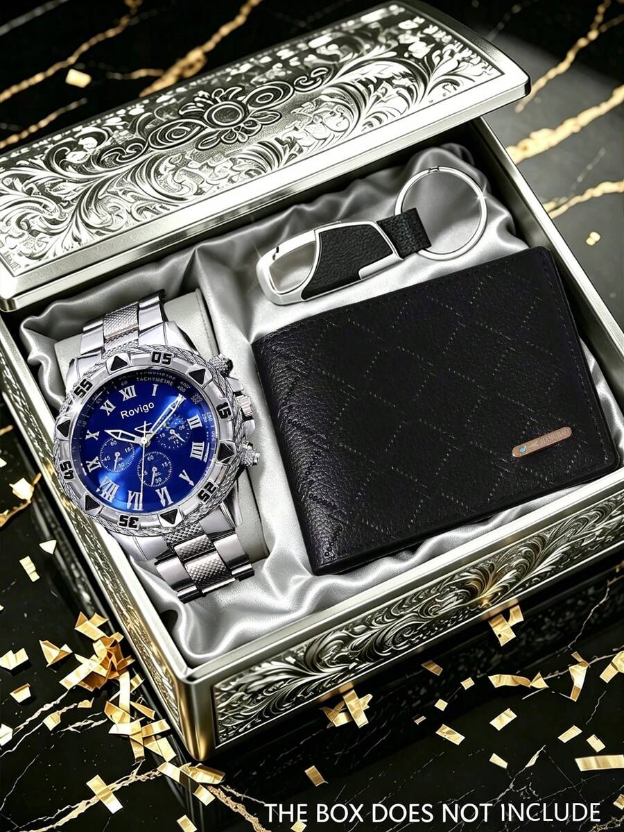 3pcs Men's Business Light Luxury Watch Set, Including A Silver Stainless Steel Strap Three-Eye Chronograph Blue Dial Quartz Watch, A Rhinestone-Pattern Embossed Leather Wallet, And A Leather Spliced Keychain. - Silver - View 1