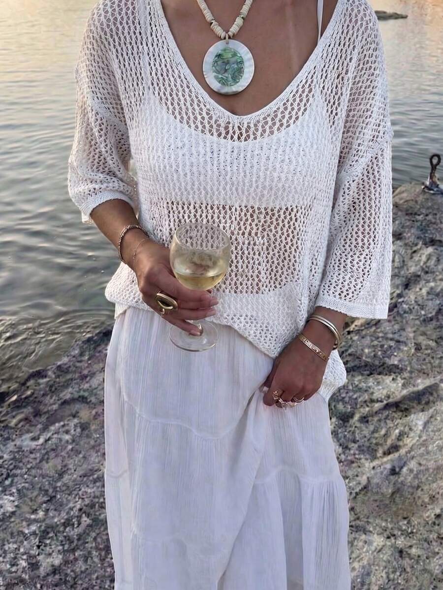 女款休閒性感鏤空寬鬆針織上衣,海灘罩衫,夏季度假波希米亞風,白色 - 白色 - 查看 1
