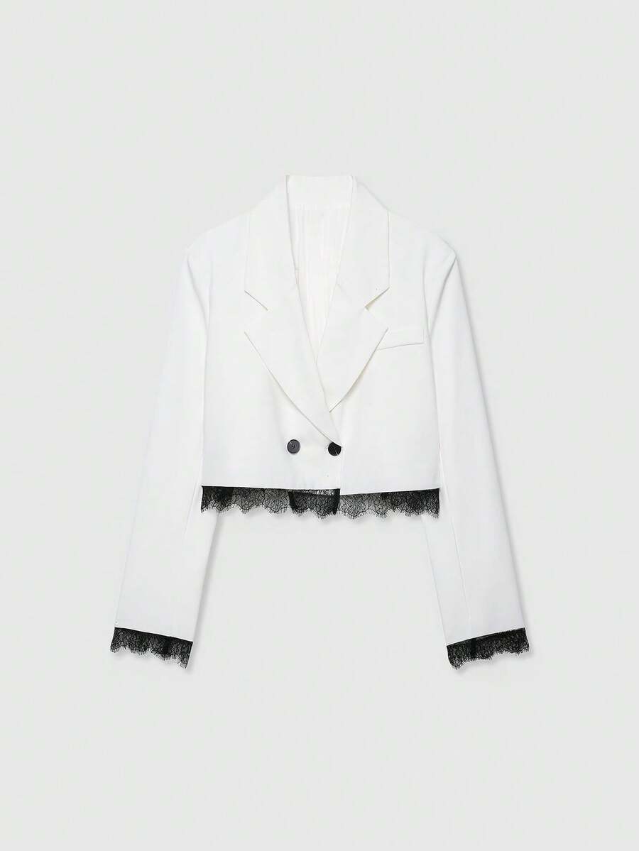 Lace Patchwork Loose Short Blazer White - White - View 1