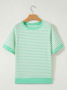 Acelitt Kaos Rajut Wanita Motif Garis Hijau & Putih, Lengan Pendek, Kerah Bulat Bergaris, Atasan Kasual - MultiWarna - View 3