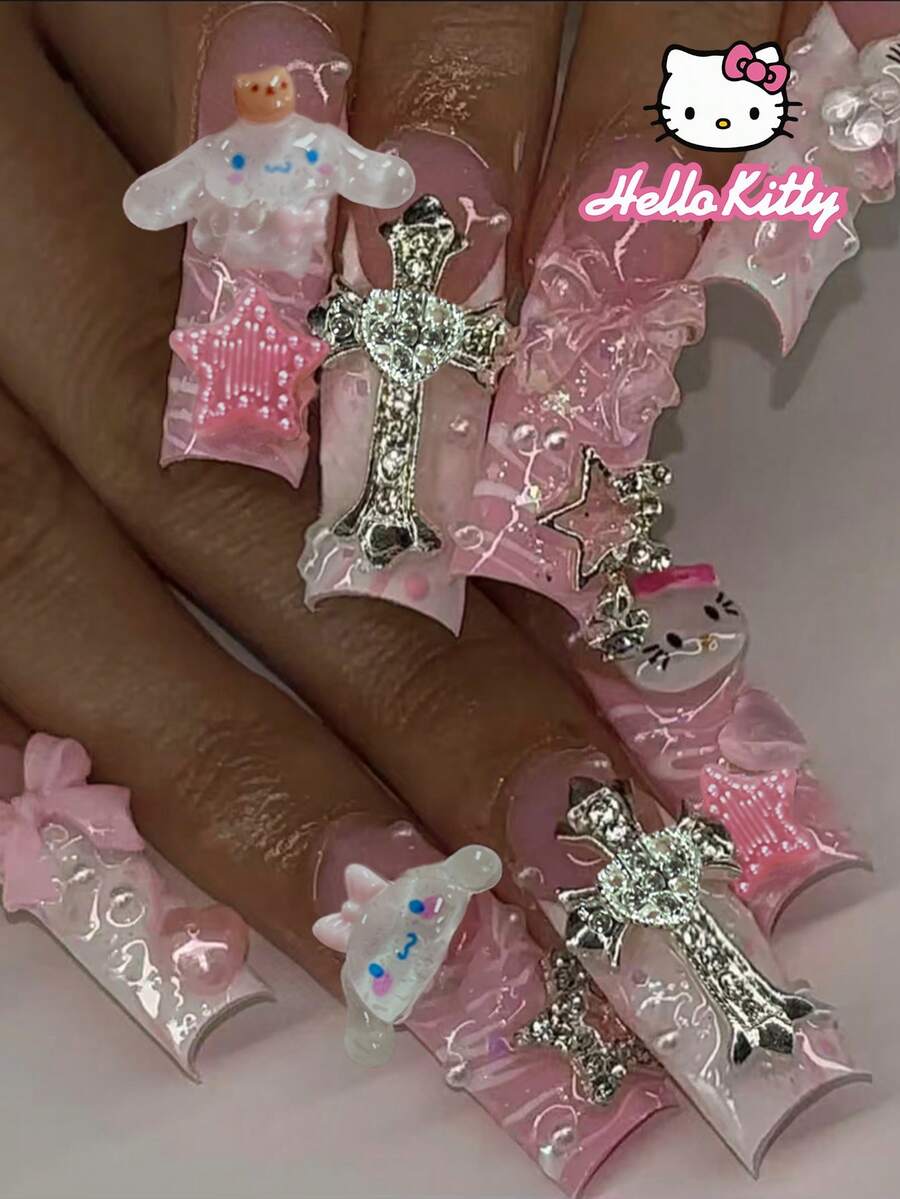Sanrio Hello Kitty 24pcs Long Square Pink French Tip Press On Nails With 3D Cute Hello Kitty & Cinnamoroll Decorations, Rhinestones Design ,Full Fit False Nail Set,Hello Kitty Nails Supplies For Women And Girls Daily Life And Party Use - Multicolor - View 1