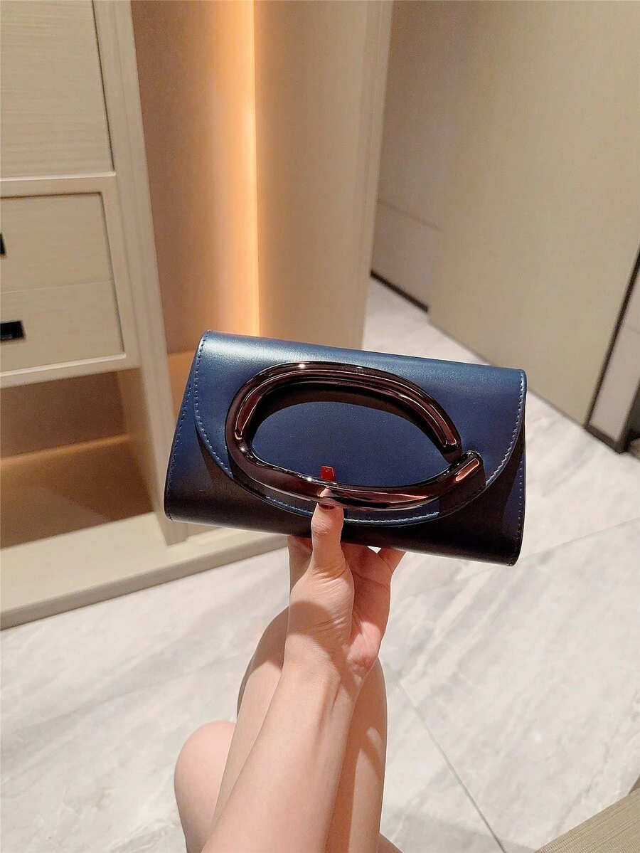 1件歐美時尚金屬裝飾迷你方盒手拿包，高端亮面金屬條女士手提包，優雅奢華晚宴包，適用派對/浪漫婚禮/舞會/雞尾酒會/畢業舞會，PU皮革配金屬鏈條