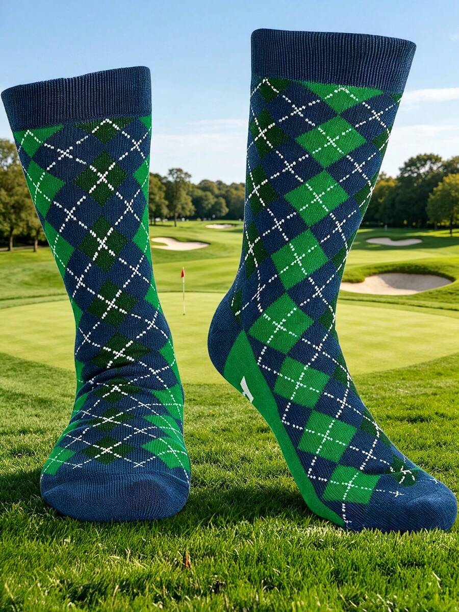 1 Pair Navy Green Argyle Mid-Calf Socks, Golf Retro Style Breathable Durable Unisex Socks - Multicolor - View 1
