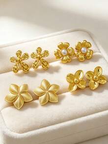 18 Pieces / 9 Pairs, Summer Golden Women's Pearl Earrings. Includes Designs Such As Sunflowers And Sunflowers. Suitable For Casual Daily And Vacation Wear. - Stainless Steel Set - View 6