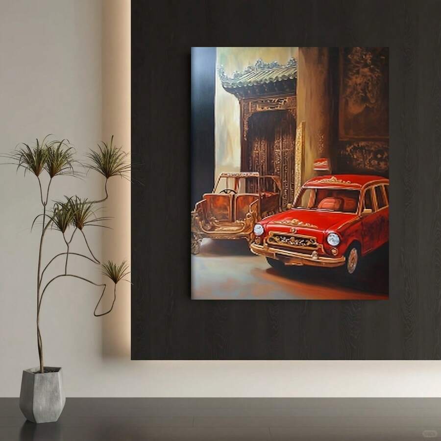 Enmarcado Lienzo plano 2D, 1 pieza,  en lienzo enmarcado - Pintura de autos rojos vintage y arquitectura asiática, póster vertical clásico moderno para sala de estar, oficina, decoración de cocina, uso interior/exterior, regalo perfecto para Navidad, Acción de Gracias, Año Nuevo, obra de arte decorativa, decoración artística, obra de arte vibrante - Enmarcado - Ver 1