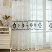 1pc White Striped Geometric Embroidered Eyelet Sheer Curtain, Modern Polyester Semi-Transparent Light-Filtering Window Curtain Suitable For Living Room Bedroom All Seasons - Multicolor - View 4