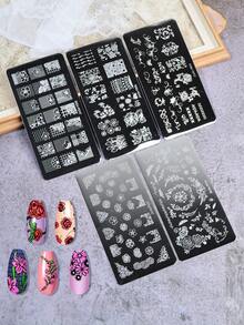 5入美甲轉印幾何線條法式花卉格紋美甲印花模板 DIY美甲工具 - 銀色 - 查看 6