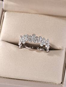 Besthing 1pc S925 Sterling Silver 0.5CT Round Moissanite Diamond Luxury Delicate Flower Women's Engagement Ring For Date, Daily Wear, Holiday Gift - Silver - View 9