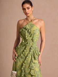 Women's Dresses 2026 New Arrival Gown Style Pleated Elegant Evening Gown Crinkled Print Dress - 橄欖綠 - 查看 2