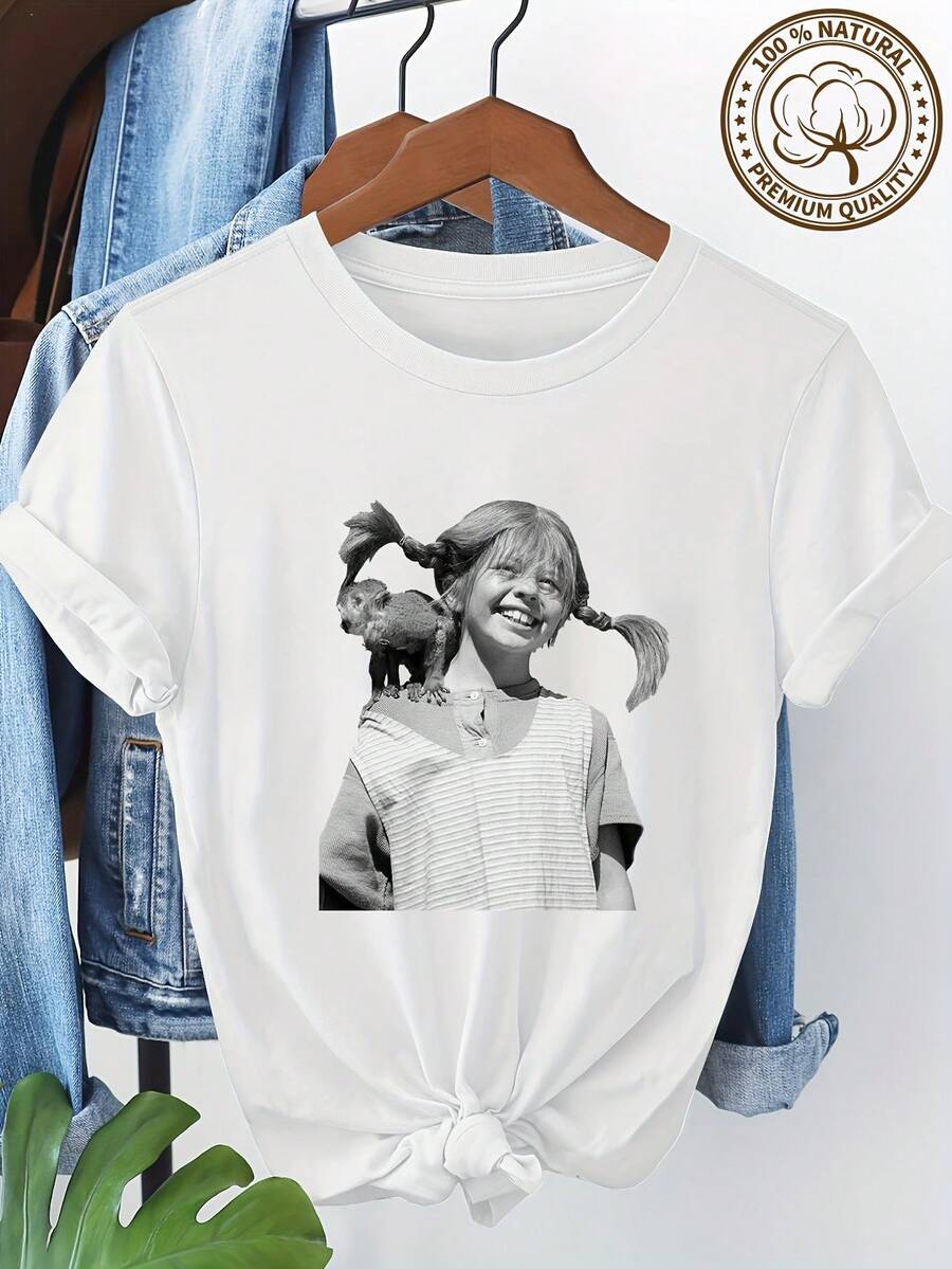 Camiseta Clásica Negra y Blanca con Estampado de Retrato de Mujer Sosteniendo un Pequeño Mono, Camiseta de Manga Corta con Cuello Redondo Transpirable para Mujer en Estilo Artístico Vintage para Uso Diario 4429A - Blanco - Ver 1