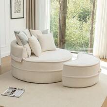 Round Beige Sofa With 5 Cushions And Pouf, Ideal For The Living Room And Bedroom. - Beige - View 5