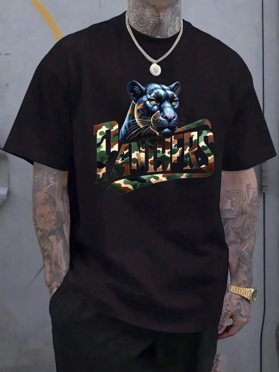 Men's Plus Size T-Shirt 100% With Modern Panther Design, Comfortable Casual Short Sleeve T-Shirt For Summer - Hitam - View 1