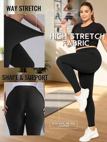 High Waist Solid Color Tight Elastic Yoga Pants, Soft & Comfortable Plus Size Women Sports Leggings - Black - View 2