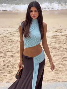 Minimalist Clean Girl Color Block Ruched Mock Neck Cutout Waist Asymmetric Maxi Dress For Vacation Brunch Date Night - Marrón - Ver 8