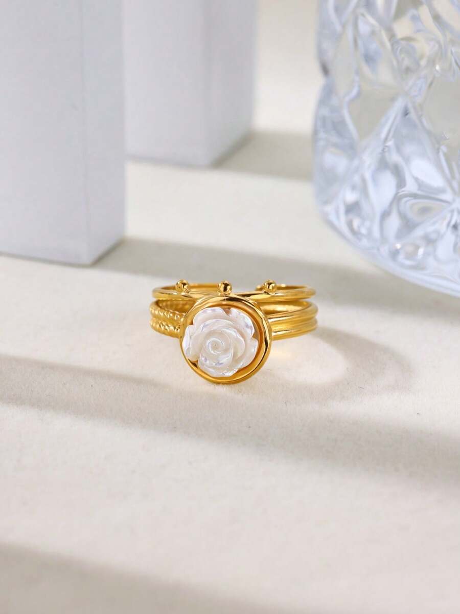 1 PC Geometric Faux Pearl Flower Open Rings For Women Stainless Steel Gold Color Adjustable Ring 2026 New Wedding Couple Jewelry Gift - Multicolor - View 1
