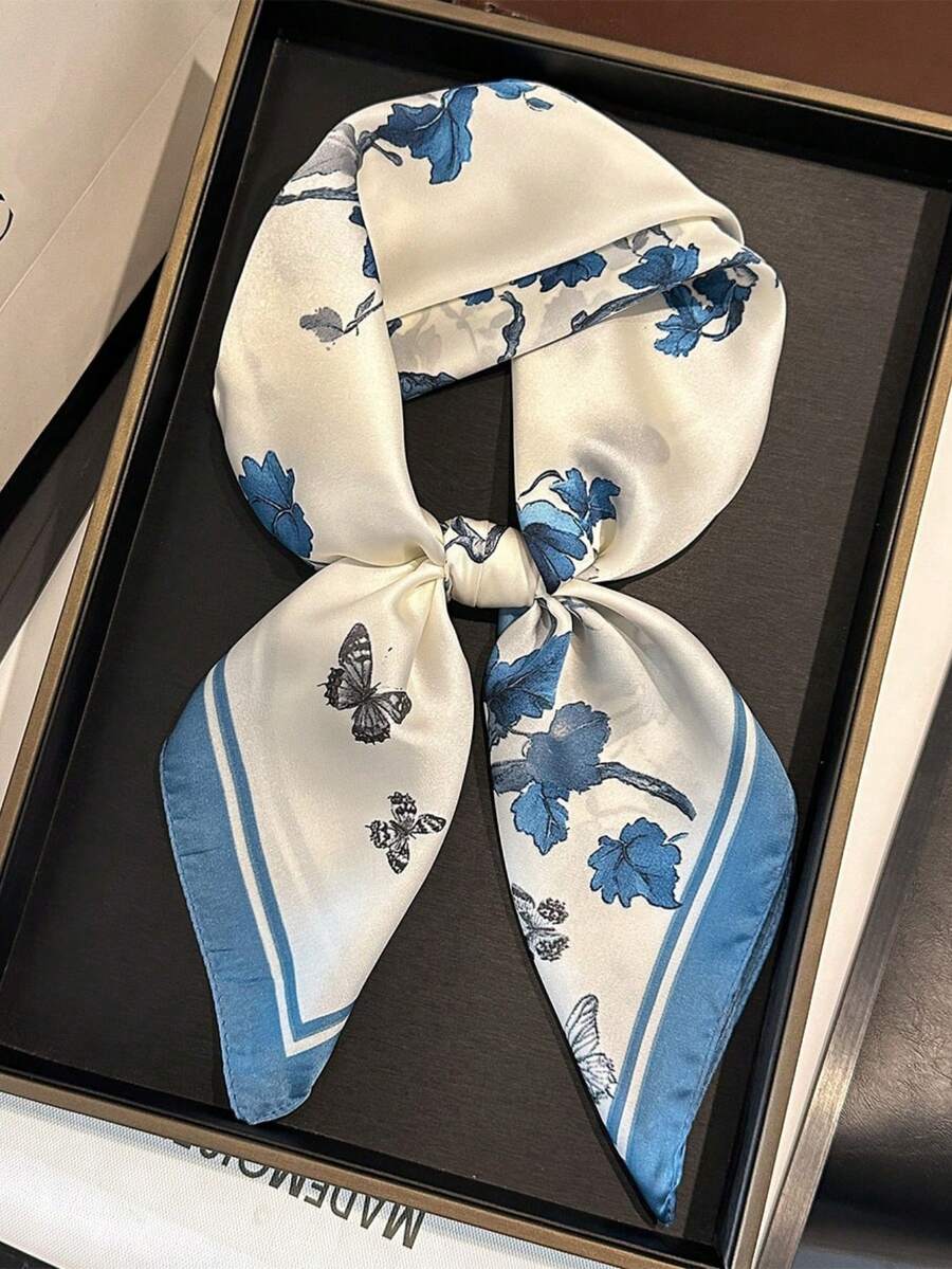 1件 70cm 優雅花卉與蝴蝶印花緞面方巾,中式風格圖案方巾,溫柔頸巾、髮帶、辦公室圍巾 - 彩色 - 查看 1