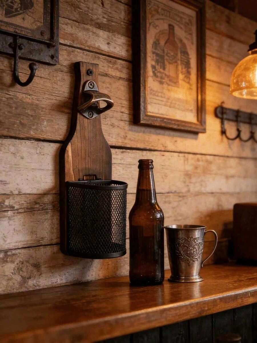 壁掛式木製啤酒開瓶器附網袋,無痛開瓶,居家酒吧、廚房、花園與戶外必備啤酒配件,送給啤酒愛好者的完美禮物 - 彩色 - 查看 1