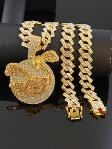 Hip Hop Full Rhinestone Flamingo Runner Pendant Cuban Chain Necklace, Heavy Rhinestone Inlaid Cuban Chain Rap Style Birthday Personalized Gift Jewelry - Cartoon Ostrich Pendant Necklace - View 6