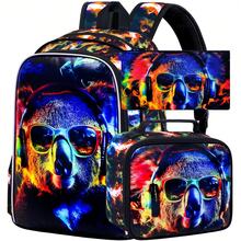 3pcs Boys Cool Koala Print Backpack Set, Zipper Closure, Colorful Flame Style, Includes Lunch Bag And Pencil Case, Suitable For Children - Blue - View 2