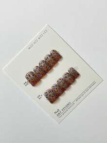 10 Handmade Short Pieces False Nails, Caramel Amber Leopard Print, Blue Gray Gradient, Seasonal White, Handmade Patch Handmade Press On Nails - 咖啡棕 - 查看 2