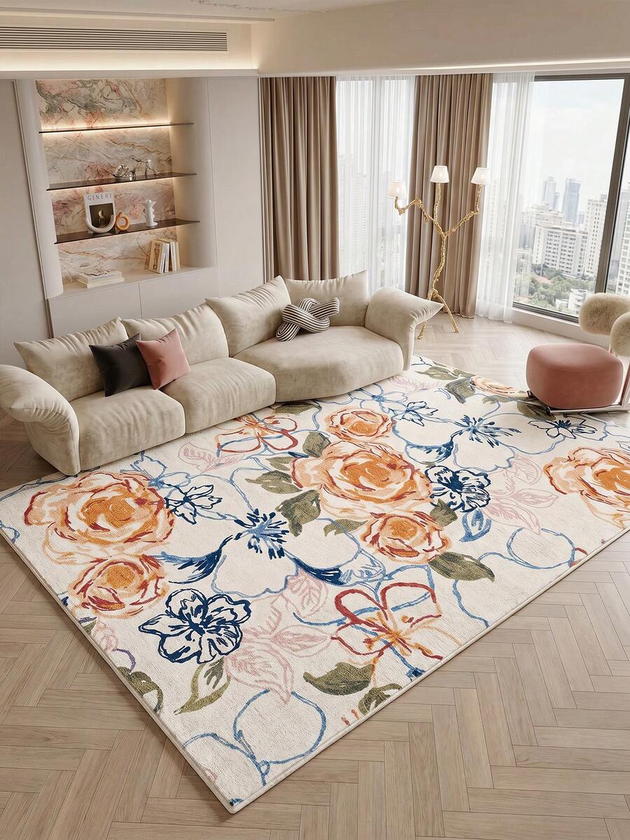 1pc Spring/Summer Natural Botanical Style Area Rug, Floral Pattern Living Room Carpet, Soft Touch, Short Pile Modern Floor Rug, Suitable For Bedroom, Dining Room, Office, Home Decor And Doormat, Versatile For Various Occasions Like Music Festivals, Wedding Venues And Daily Home Use - Multicolor - View 1