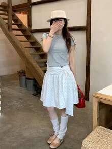 Rok Mini A-Line Motif Polkadot Retro Korea, Desain Kasual Serbaguna untuk Musim Panas, Warna Putih - Putih - View 5