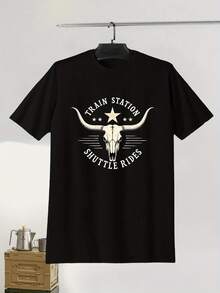 Camiseta de Hombre Talla Grande Montana Train Station Shuttle Rides Longhorn Crinkle, TALLA GRANDE - Negro - Ver 1