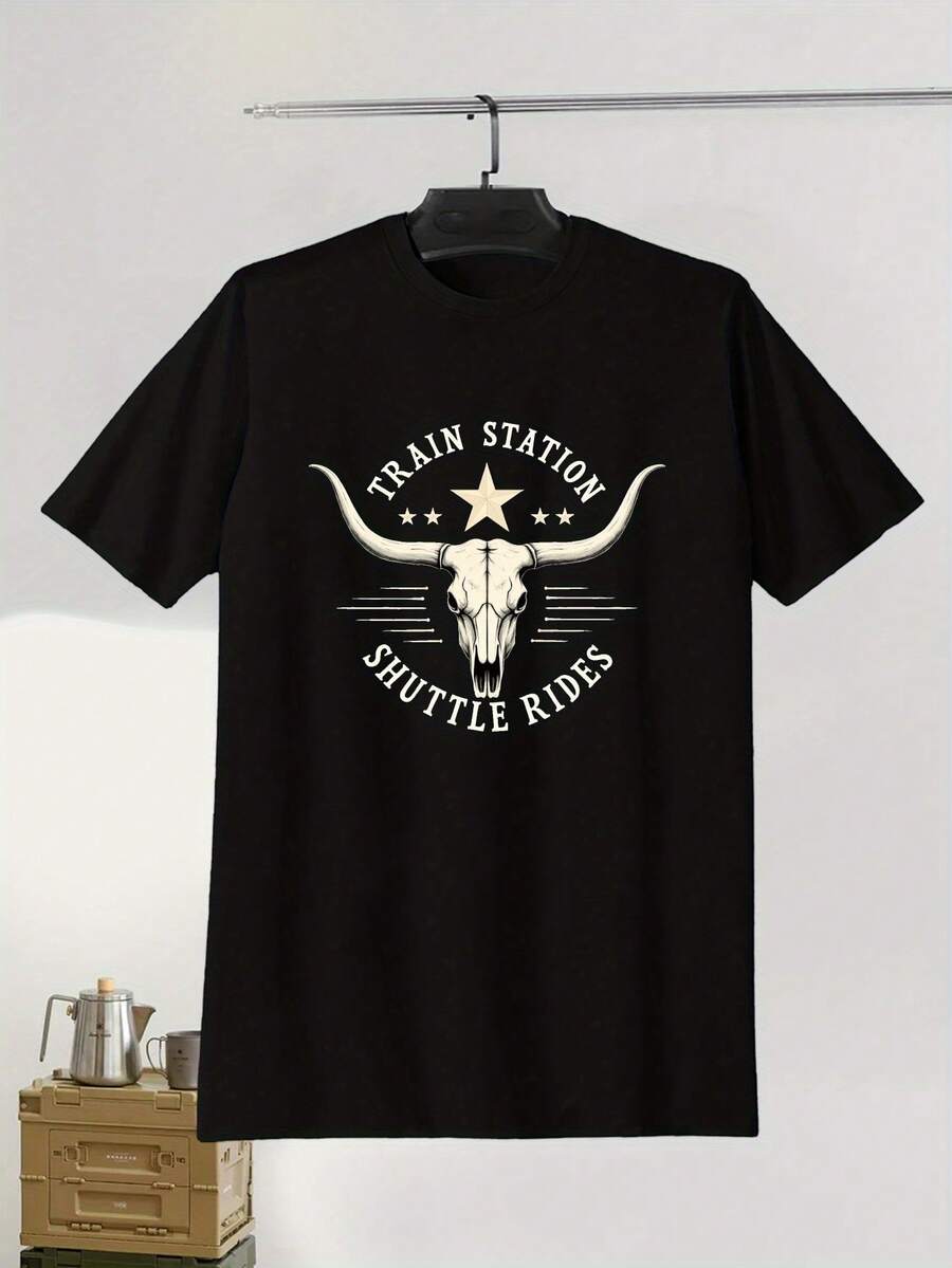 Camiseta de Hombre Talla Grande Montana Train Station Shuttle Rides Longhorn Crinkle, TALLA GRANDE - Negro - Ver 1