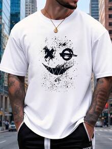 Men's Casual Street Style Splash Ink Abstract Edgy  Face Graphic Print T-Shirt, Summer Loose Fit Crew Neck Short Sleeve Comfortable Daily Outing Casual Top For Guys - Weiss - Übersicht 1