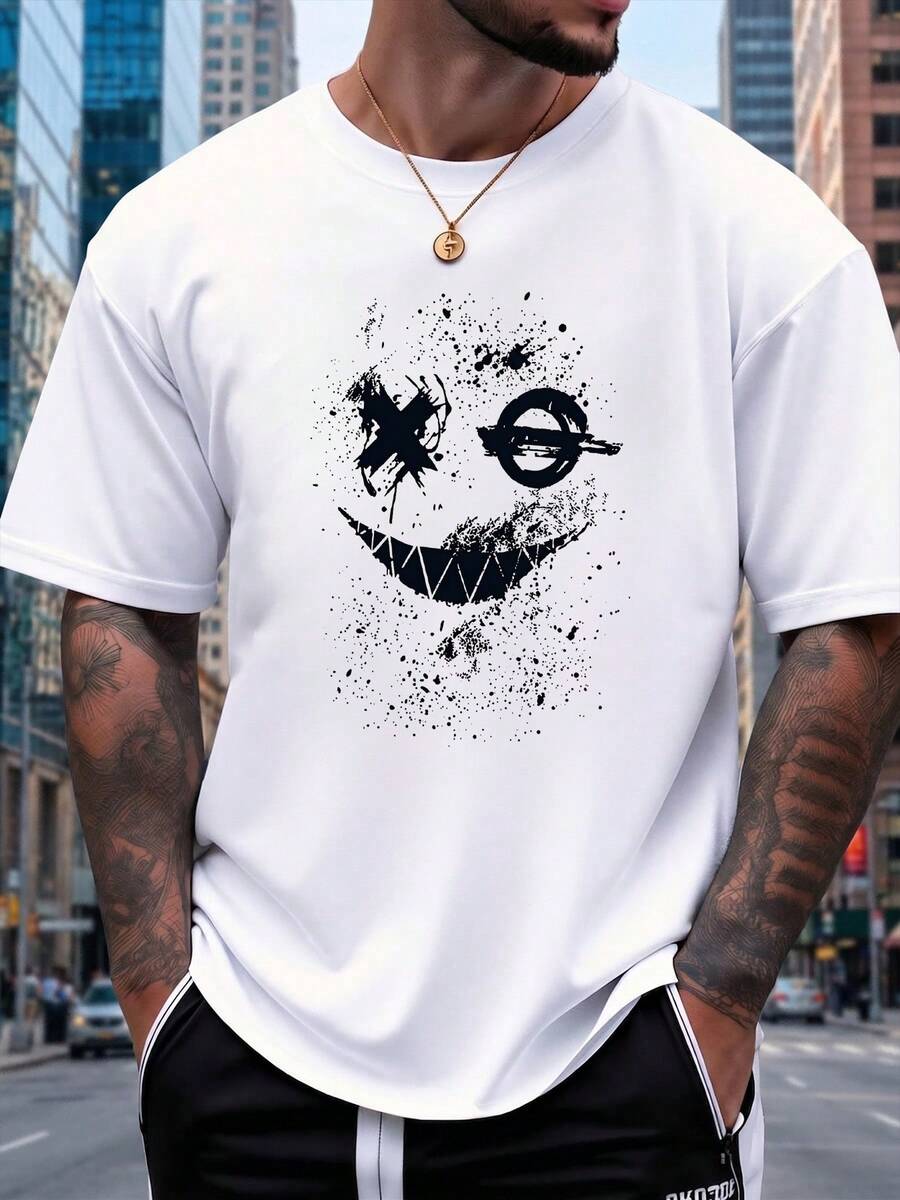 Men's Casual Street Style Splash Ink Abstract Edgy  Face Graphic Print T-Shirt, Summer Loose Fit Crew Neck Short Sleeve Comfortable Daily Outing Casual Top For Guys - Weiss - Übersicht 1