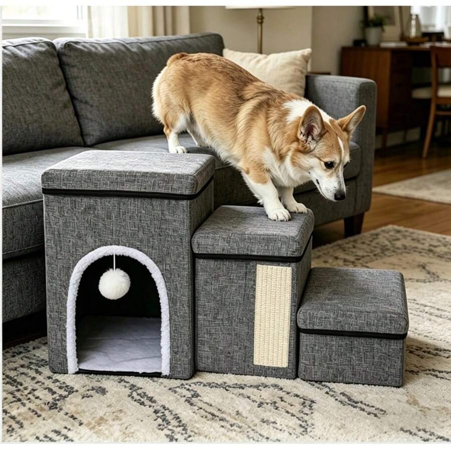 Foldable Pet Climbing Ladder, Storage Step, Dog Ladder, Climbing Height, Non-Slip, Cat/Dog Sofa Ladder, 1 Gray Piece, Comes With Box Packaging. - Grey - View 1
