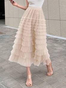 Skirt With Solid Mesh Overlay, Ruffles, Back-To-School Clothes - 杏 - 查看 1
