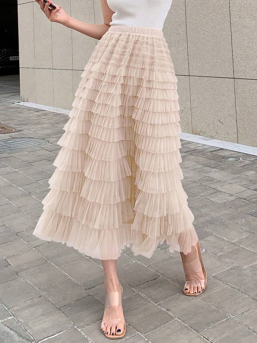 Skirt With Solid Mesh Overlay, Ruffles, Back-To-School Clothes - 杏 - 查看 1