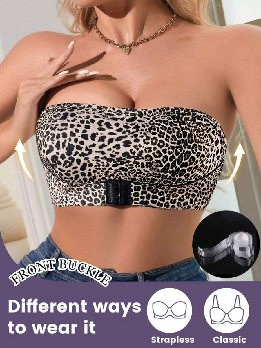 Women Invisible Strapless Push Up Bra Front Closure Convertible Bandeau W/ Clear Straps - Multicolor - View 1