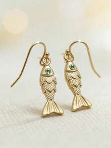 1 par de pendientes estilo bohemio vintage con forma de pez ondulado y colgante de strass azul, adecuados para uso diario, fiestas, viajes, vacaciones en la playa, regalo de joyería para mujeres - Amarillo Oro - Ver 3