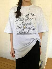Minimalist. 100% Cotton. 1 Piece. Women's Short-Sleeved T-Shirt, Loose And Casual, Sweet And Retro Y2K Style. Cotton Top With Graffiti Print Of Hearts, Bunnies, And Letters, Versatile T-Shirt For Everyday Wear And Summer Sports. Spring/Summer Top. - 白色 - 查看 10
