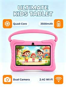 Qetupa 兒童平板電腦 7 吋，附家長控制功能，3GB/4GB RAM，32GB/64GB ROM，Android 13 幼兒平板，支援 WiFi，雙鏡頭，預裝教育應用程式（不含適配器） - 粉色 - 查看 3
