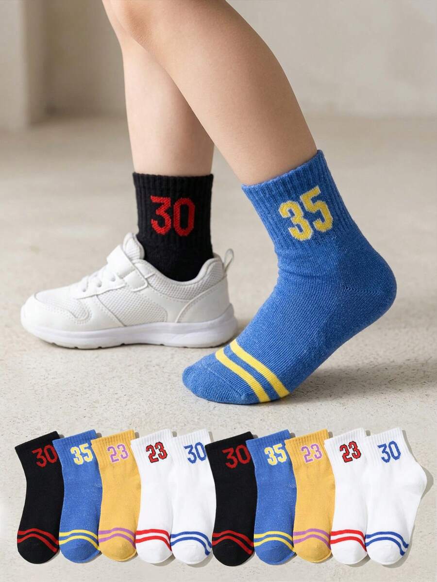 10 Pairs Children's Striped Number Breathable Spring/Summer Sports Short Socks, Sports Football Basketball Socks, Casual Fashion Easy On/Off Student Socks, Gift For Kids - Multicolor - View 1