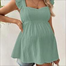 Camisa de manga corta de uso diario versátil y casual con pliegues de unicolor para maternidad - verde menta - Ver 1