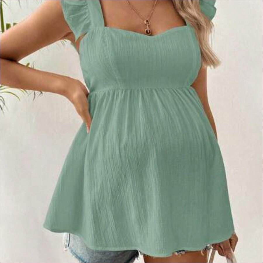 Camisa de manga corta de uso diario versátil y casual con pliegues de unicolor para maternidad - verde menta - Ver 1