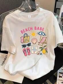 Top de mujer de manga corta y cuello redondo con estampado playero, ideal para todas las estaciones. - Blanco - Ver 1
