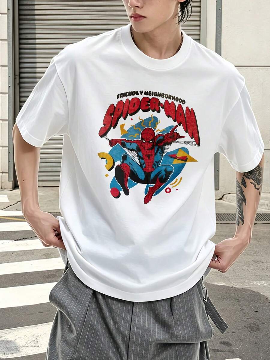 Marvel Marvel Comics Friendly Neighborhood Spider Man Graphic T Shirt 100 Percent Cotton Men Clothes Men's T Shirts Summer Holiday Outfits Marvel Series Mens Gift Ideas Street Wear - 白色 - 查看 1
