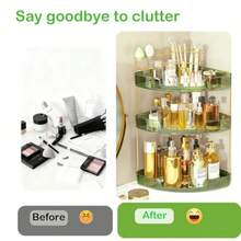FELIZHOUSE Organizador de maquillaje de 3 niveles para tocador y mostrador de baño Estante de almacenamiento acrílico con bandeja para perfumes y soporte para brochas de maquillaje instalación sin - Verde - Ver 4