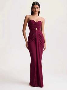 New Pleated Bandeau Maxi Dress With Open Back - Burgundy - View 1