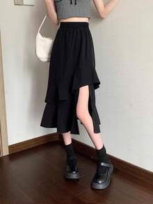 Irregular Mesh Midi Skirt, Chinese Dress-Style Base Layer, Stretchy Fishtail Skirt, High Waist, Slimming A-Line Flared Skirt - Black - View 3