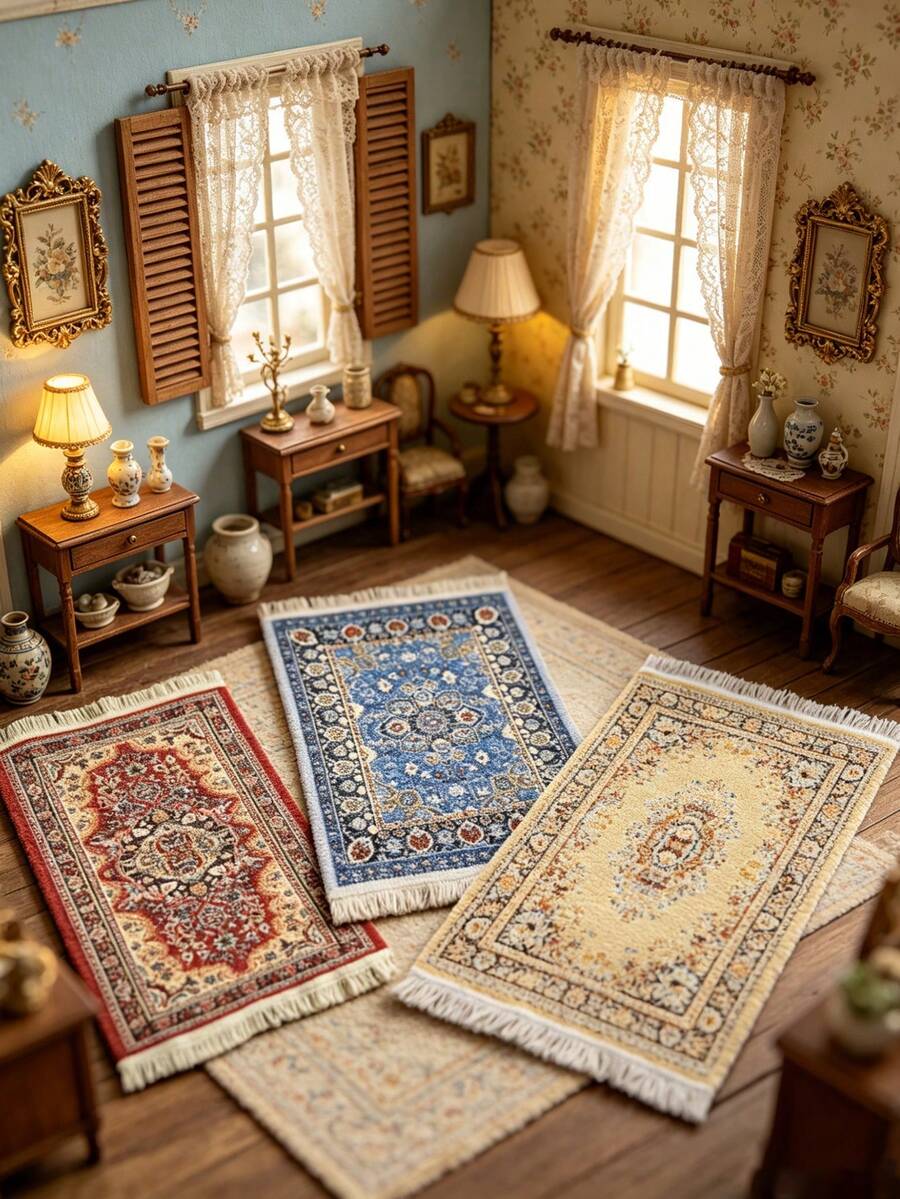 1/3Pcs 16.7cm Persian Style Tassel Rug Set For Dollhouse | Vintage Jacquard Design With Delicate Tassel Edging Details | 1:12 Dollhouse Miniature Accessories | Multiple Colors Available Realistic Persian Rug / Mat / Decorative Pad - Multicolor - View 1
