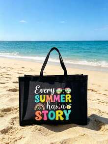Every Summer Has A Story 黑色防沙透氣網眼海灘托特包套組，2件組，趣味夏季印花時尚單肩包，女款泳池包，適用於海灘度假、郵輪、旅行、泳池、健身房、游泳、購物及日常使用 - 彩色 - 查看 7