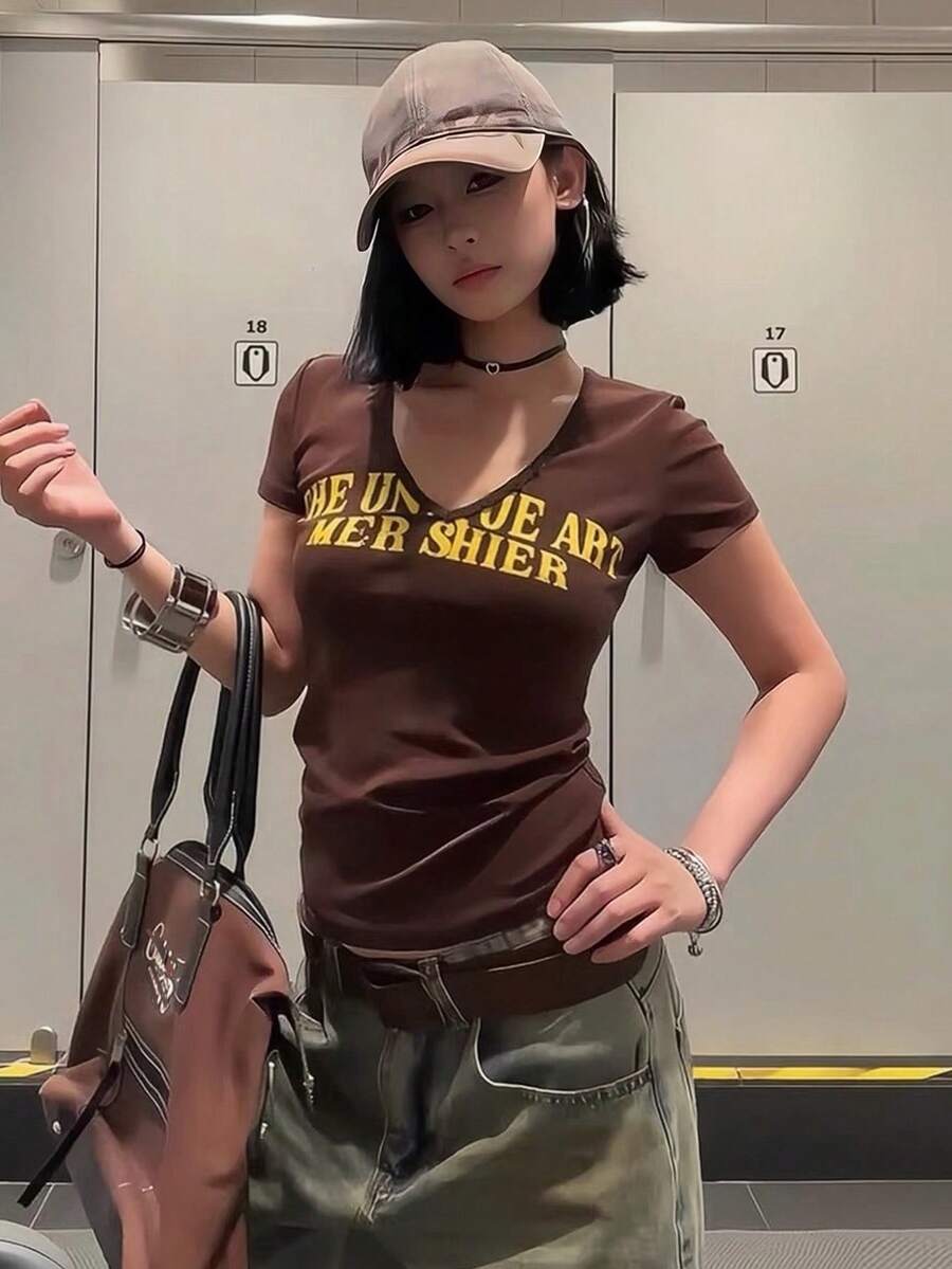 美式復古字母印花短袖女款修身顯瘦慵懶風短版上衣 夏季棕色 - 棕色 - 查看 1