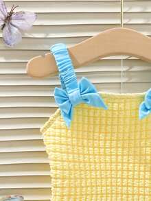 Young Girl Soft Yellow Textured Bow Decor Camisole One-Piece Swimsuit - Yellow - View 3